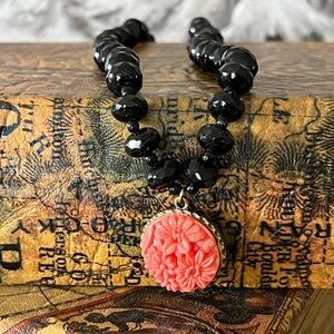 David Aubrey Black Onyx Necklace with Carved Coral-Style Floral Pendant